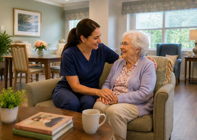 Caring staff with resident at The Waters of Rockport